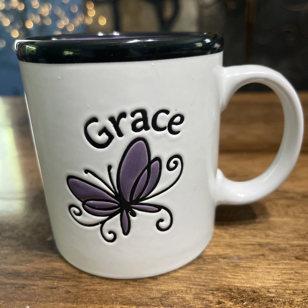 Christian Art Gifts Stoneware Mug Grace Embossed Purple Butterfly Coffee Tea Cup
